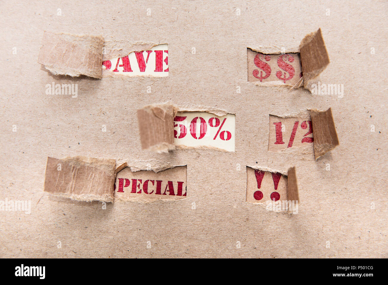 Sale, brown paper, special, save, 50 percent, US-Dollar Stock Photo