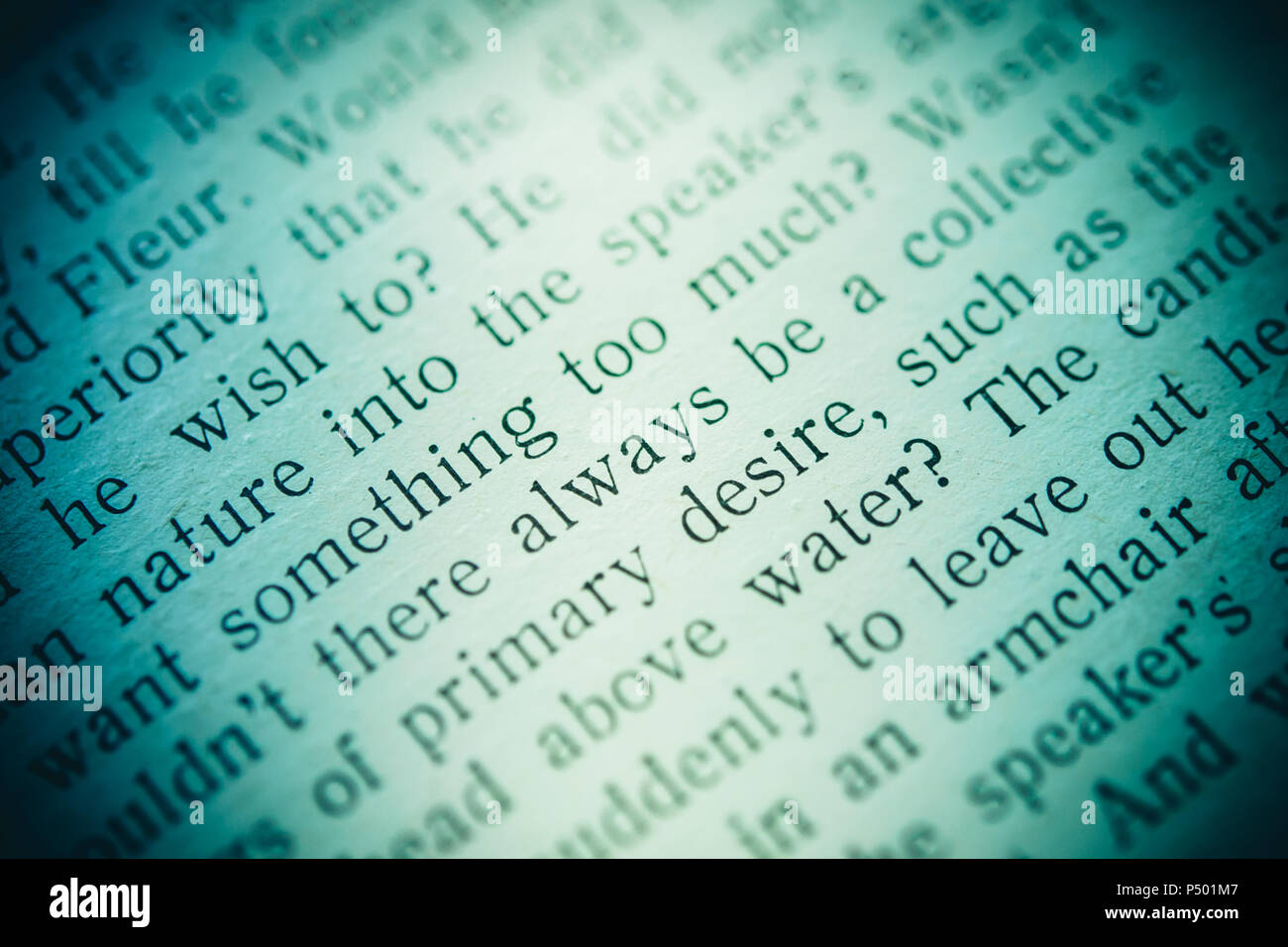 Words in a book printed in black close-up. Words always and sometimes in the field. Background, blue filter Stock Photo