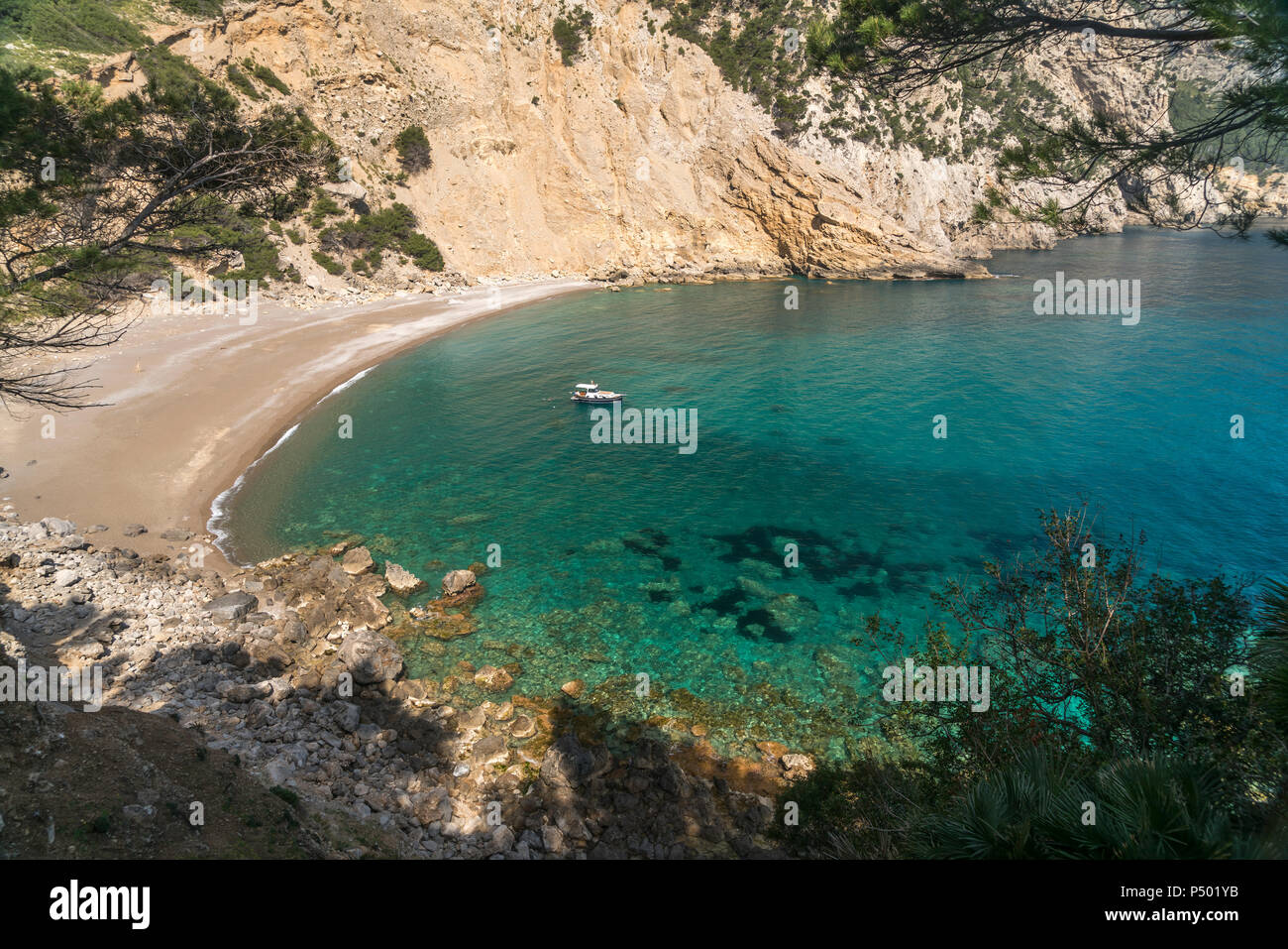 Spain, Balearic Islands, Victoria peninsula, Alcudia, Platja des Coll Baix beach and bay Stock Photo