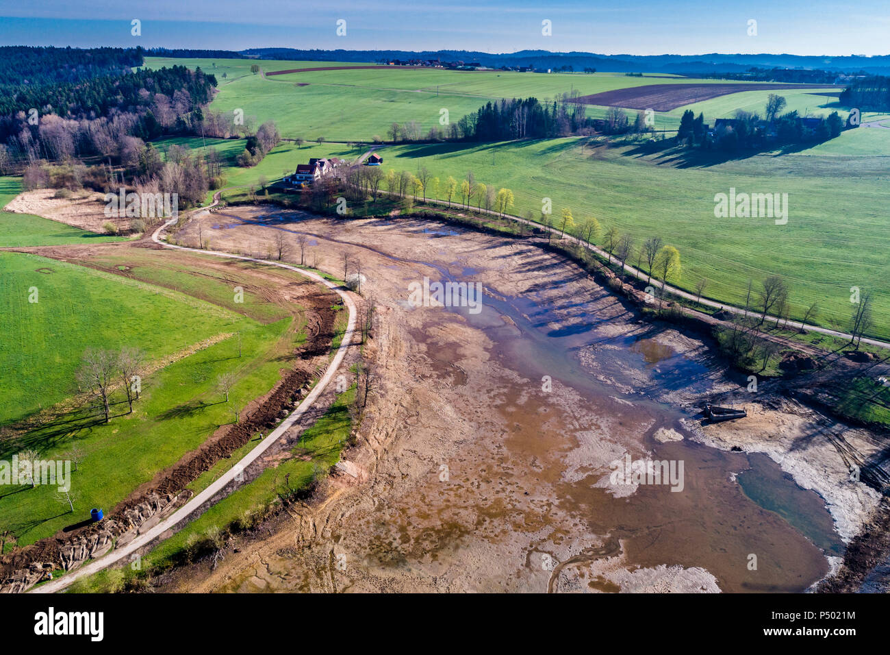 Germany, Baden-Wuerttemberg, aerial view of Aichstrut reservoir, empty detention basin Stock Photo