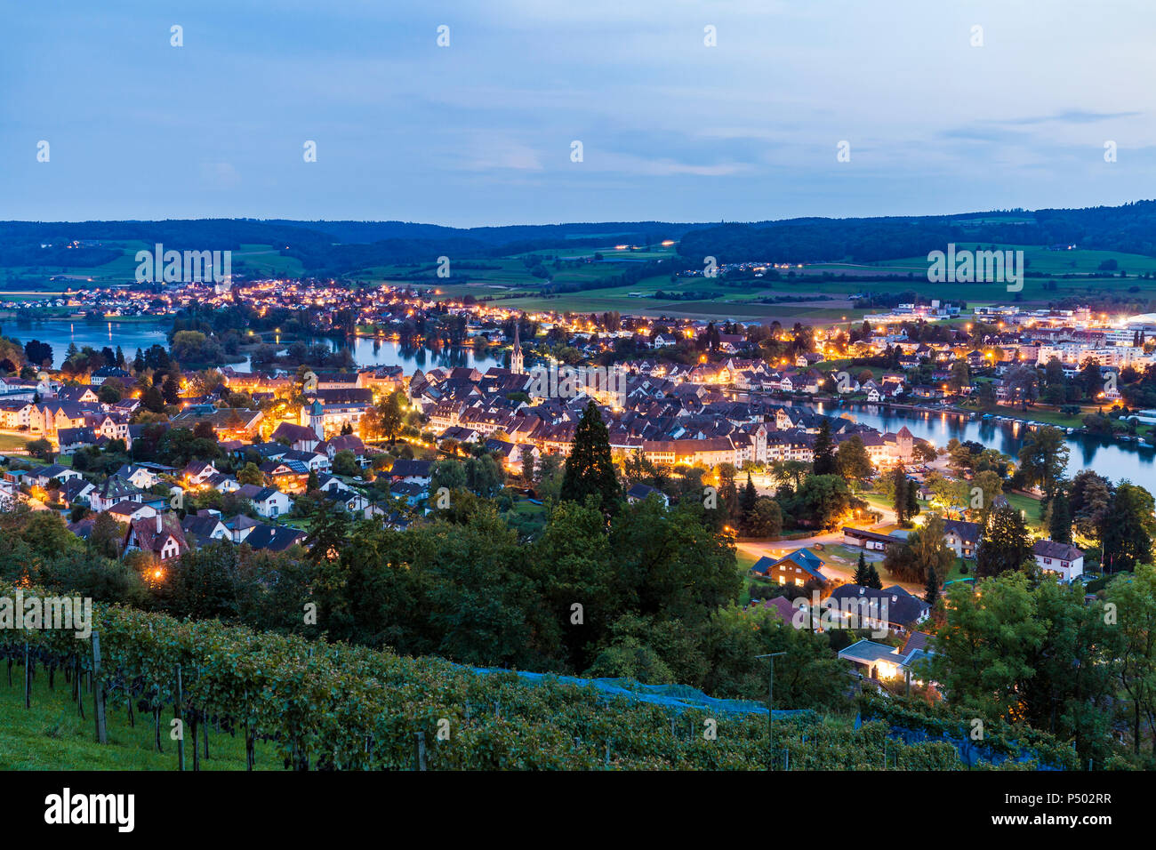 Switzerland, Canton of Schaffhausen, Stein am Rhein, Lake Constance, Rhine river, cityscape in the evening Stock Photo