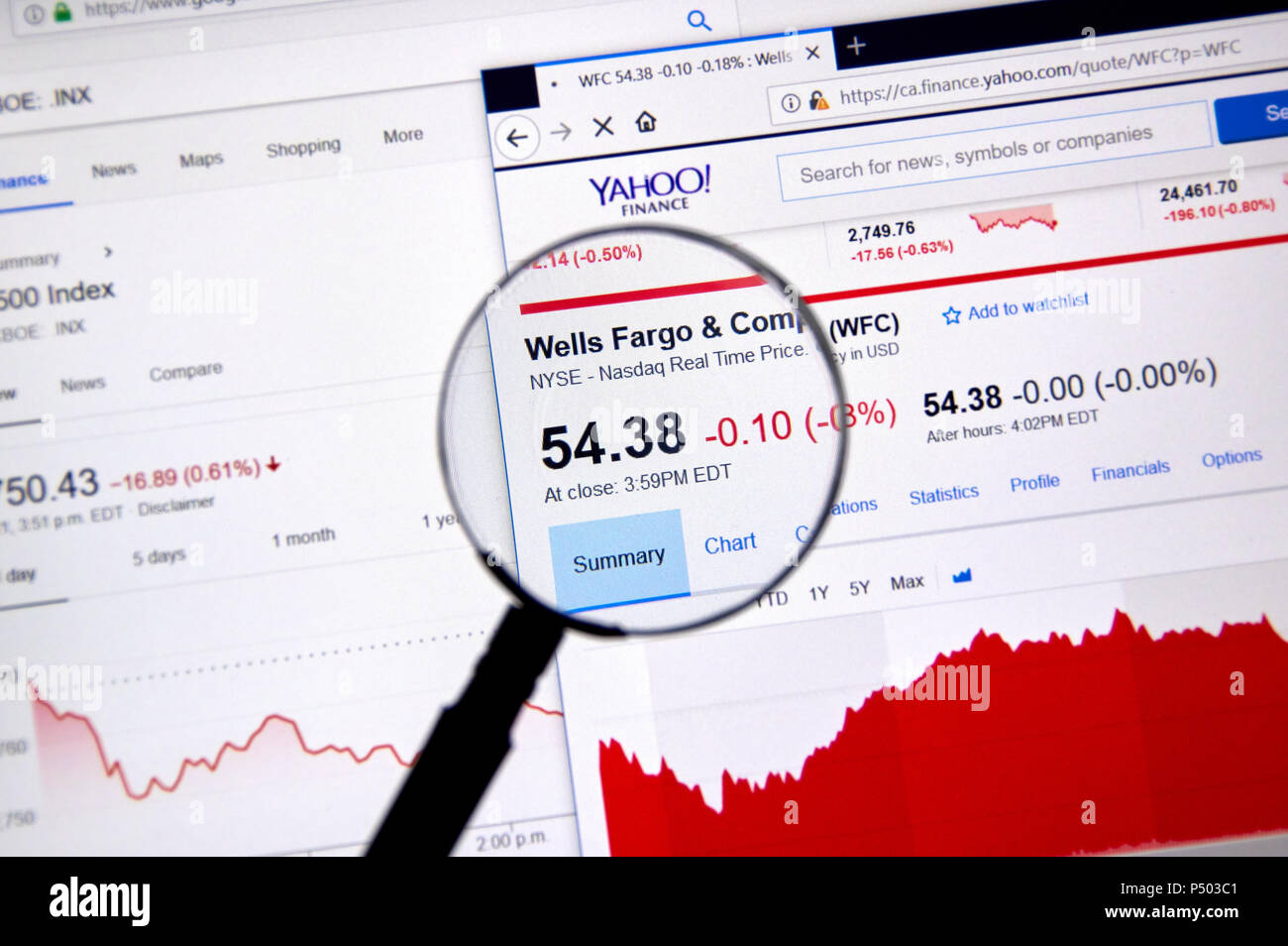 MONTREAL, CANADA - JUNE 22, 2018: Wells Fargo and Co WFC ticker with shares price and charts under magnifying glass on Yahoo Finance. Stock Photo