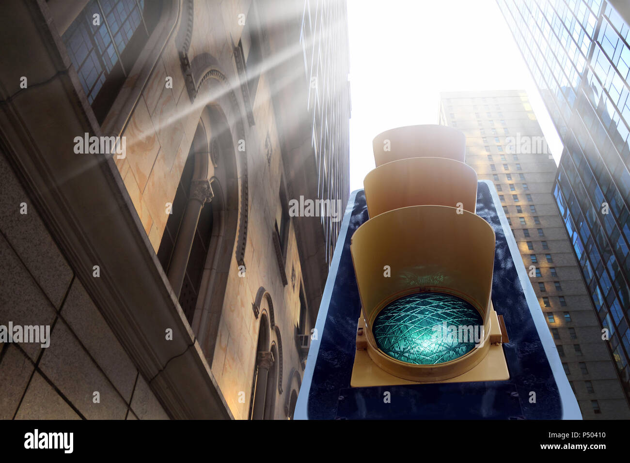 close up shot of traffic light on green Stock Photo