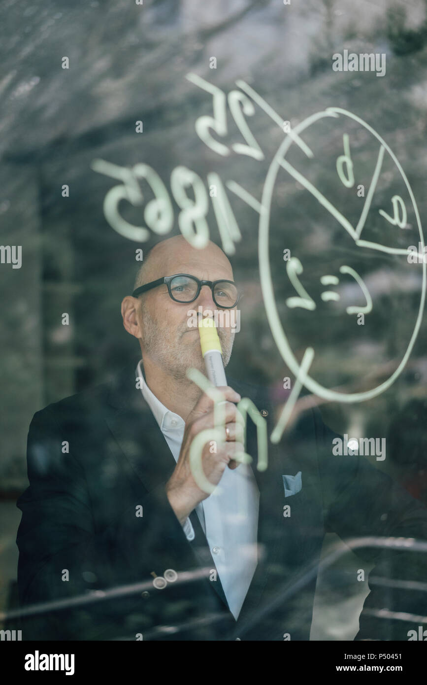 senior businessman brainstorming, drawing formulas on window pane Stock Photo