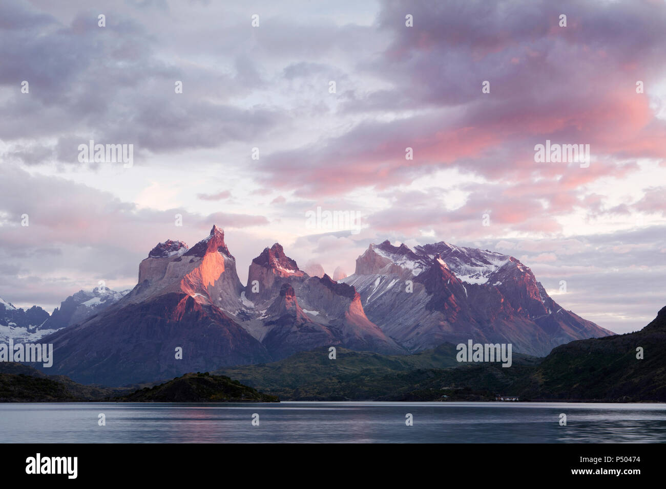 South America, Chile, Patagonia, Torres del Paine National Park, Cuernos del Paine from Lake Pehoe at sunrise Stock Photo