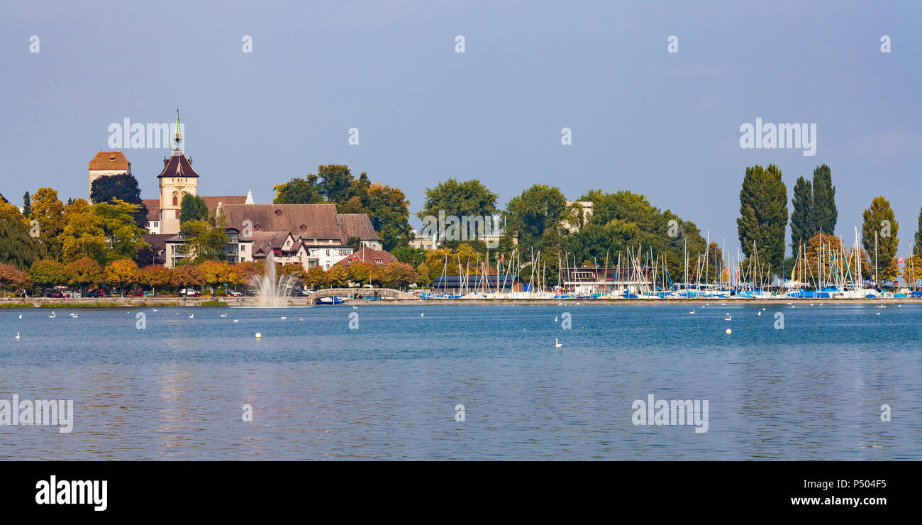 Switzerland, Thurgau, Arbon, Lake Constance, Harbour, Castle of Arbon and St Martin's Church Stock Photo