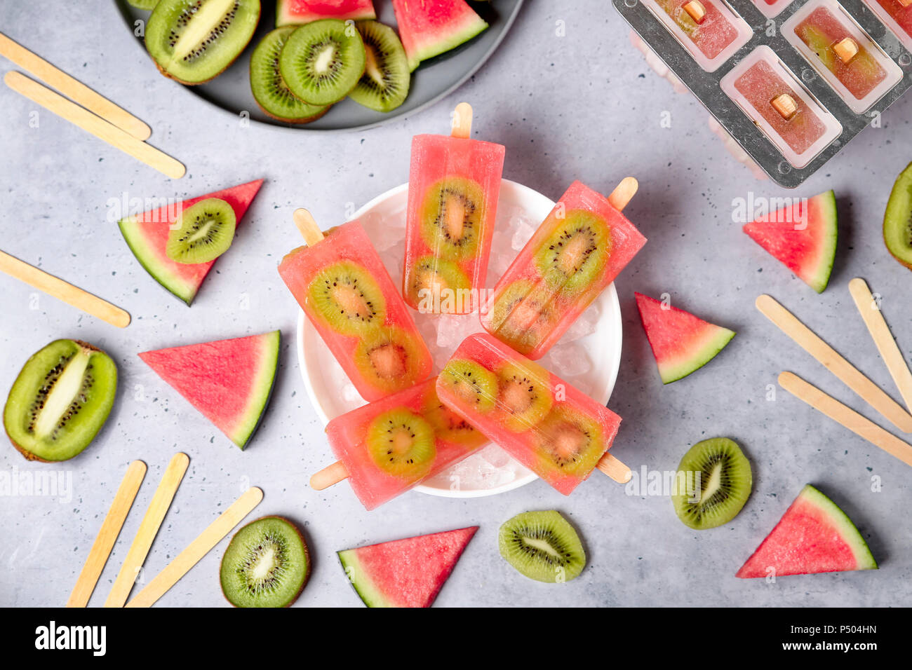 Homemade watermelon kiwi ice lollies Stock Photo