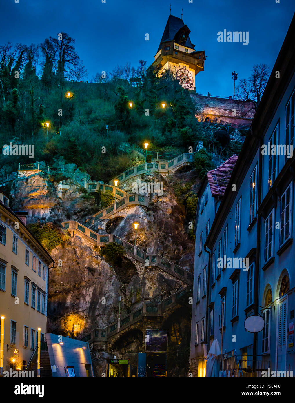 Austria, Styria, Graz, Grazer Schlossberg, castle mountain with staircase, clock tower at night Stock Photo
