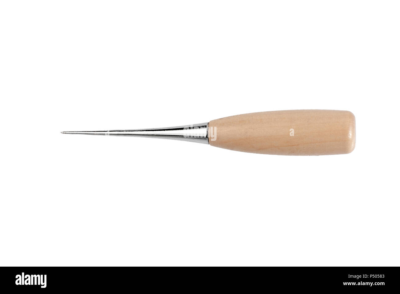 awl with wooden handle isolated on white background. Hand tool for