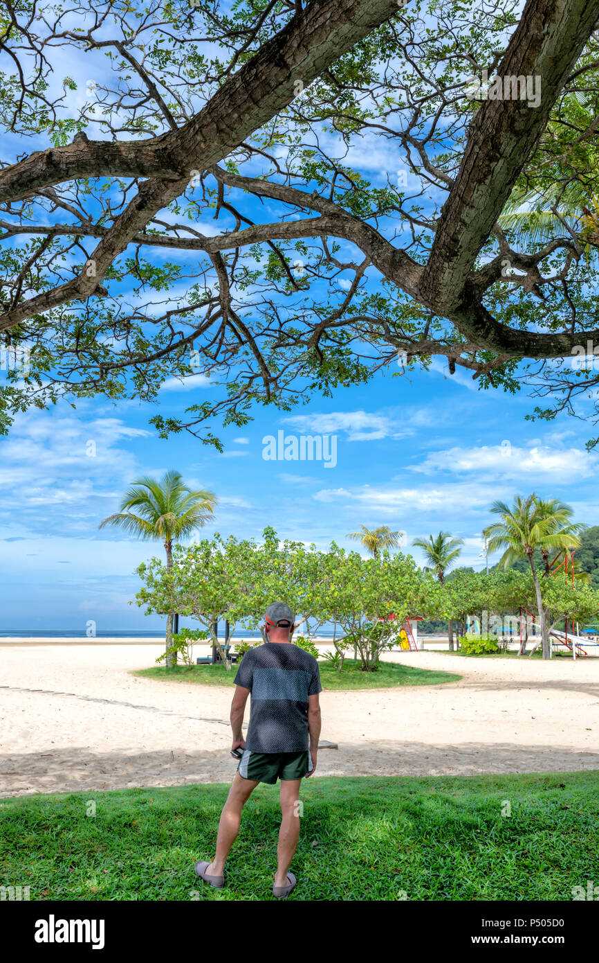Man stands in the shade gazing at a beach near Kota kinabalu in Sabah, Borneo, Malaysia Stock Photo