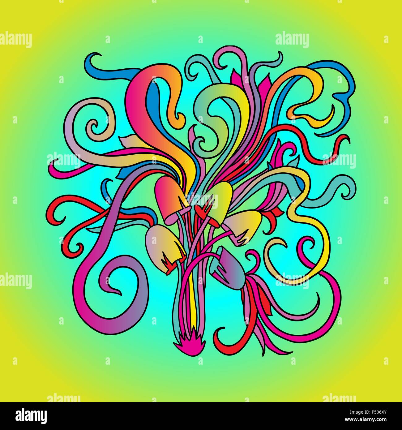 Magic mushrooms pattern. Psychedelic graphic poster. Vector gradient illustration. Stock Vector