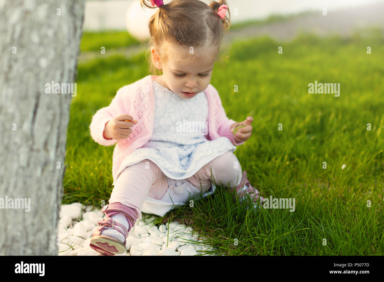 little curly girl with two tails sitting on the lawn near a tree. Summer season photo. Playful mood. Sunny Stock Photo