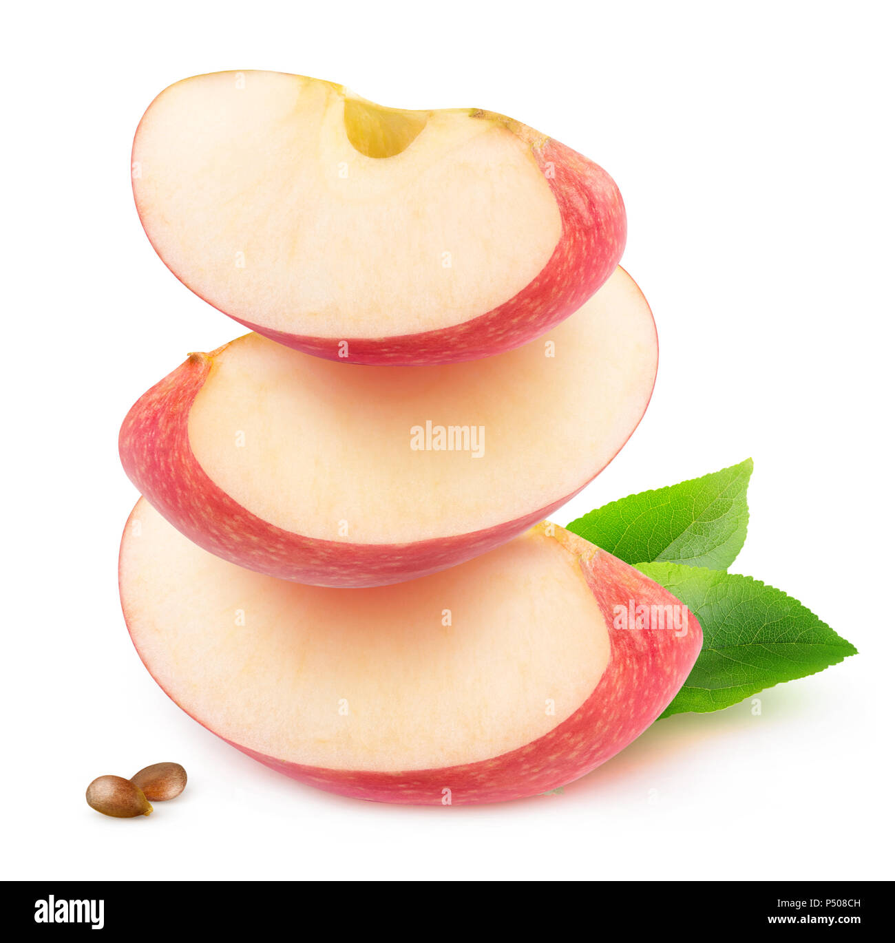 Isolated apple wedges. Three pieces of red apple fruit on top of each other isolated on white background with clipping path Stock Photo