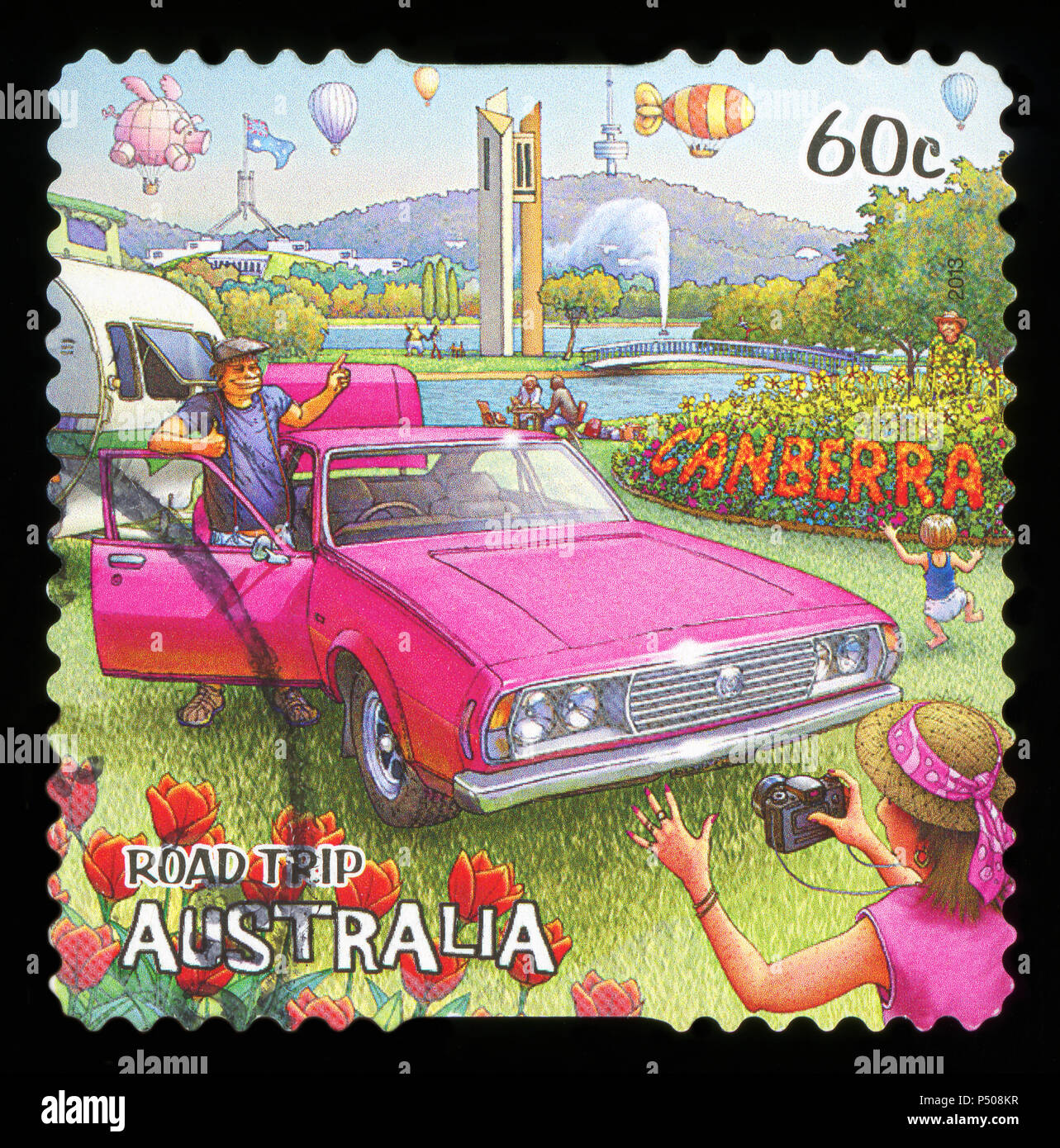 AUSTRALIA - CIRCA 2013: A stamp printed in australia dedicated to road trip, shows Canberra, circa 2013 Stock Photo