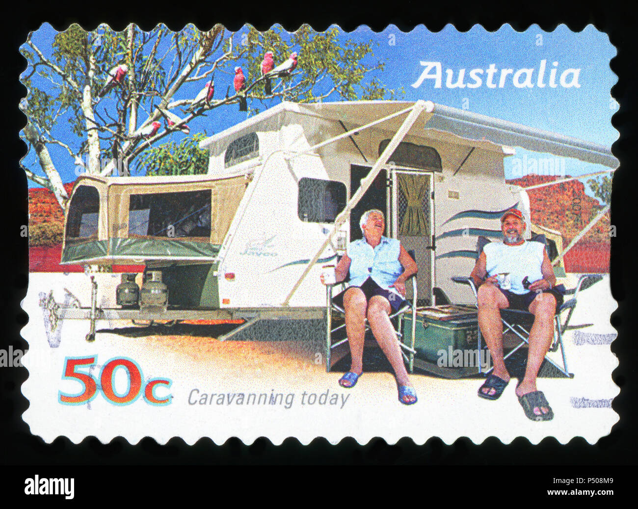 AUSTRALIA - CIRCA 2007: A stamp printed in australia shows Family enjoying a caravan, caravanning today, circa 2007 Stock Photo