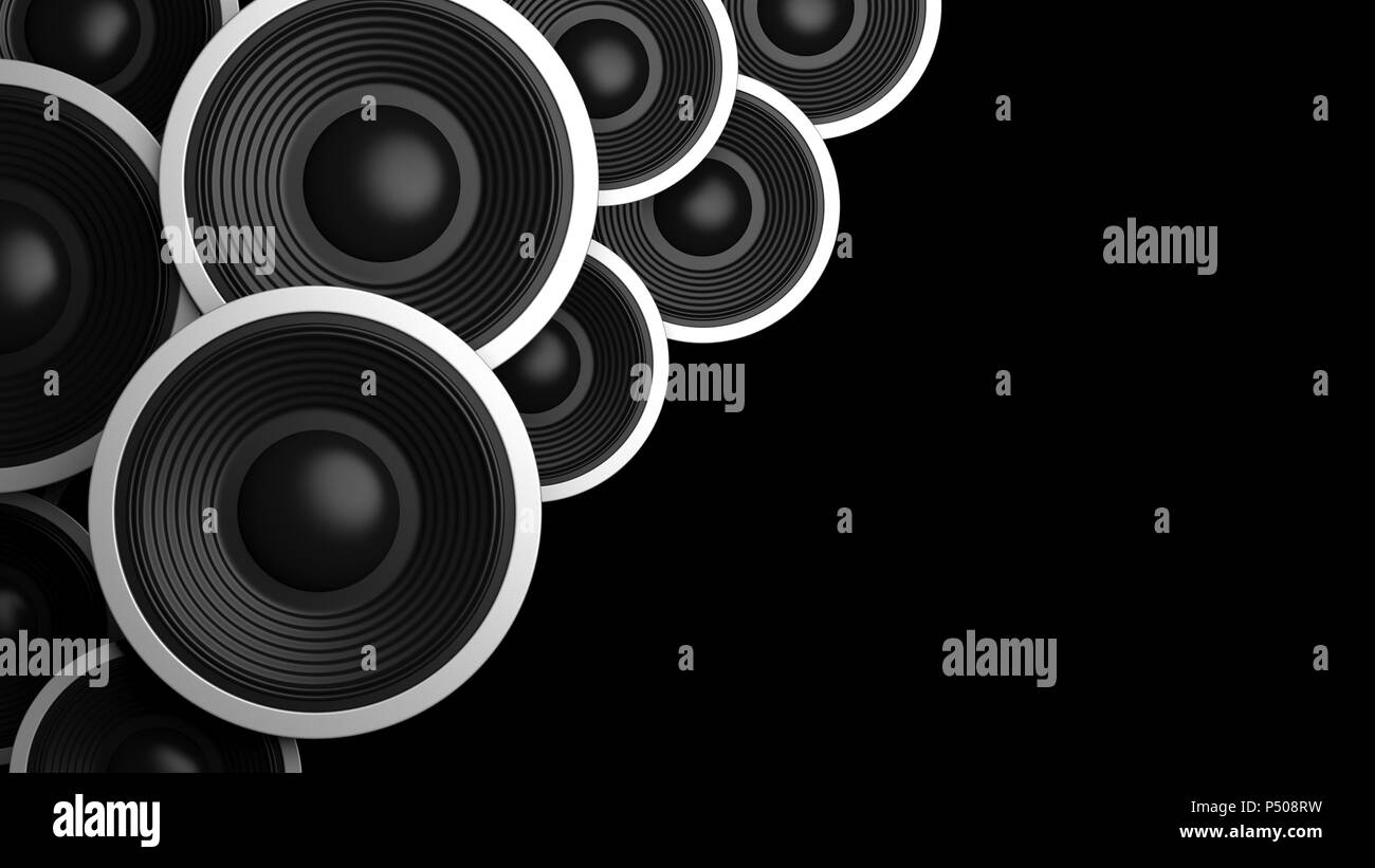 Music concept. Multiple various size black sound speakers on black background, copy space. 3d illustration Stock Photo