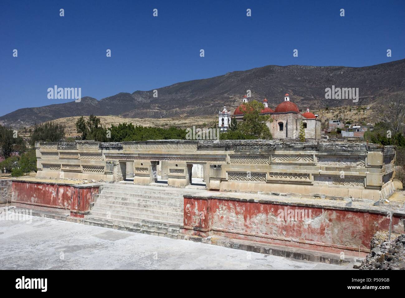 Mexico. Mitla. Old MixtecZapotec ceremonial center. Facade of the