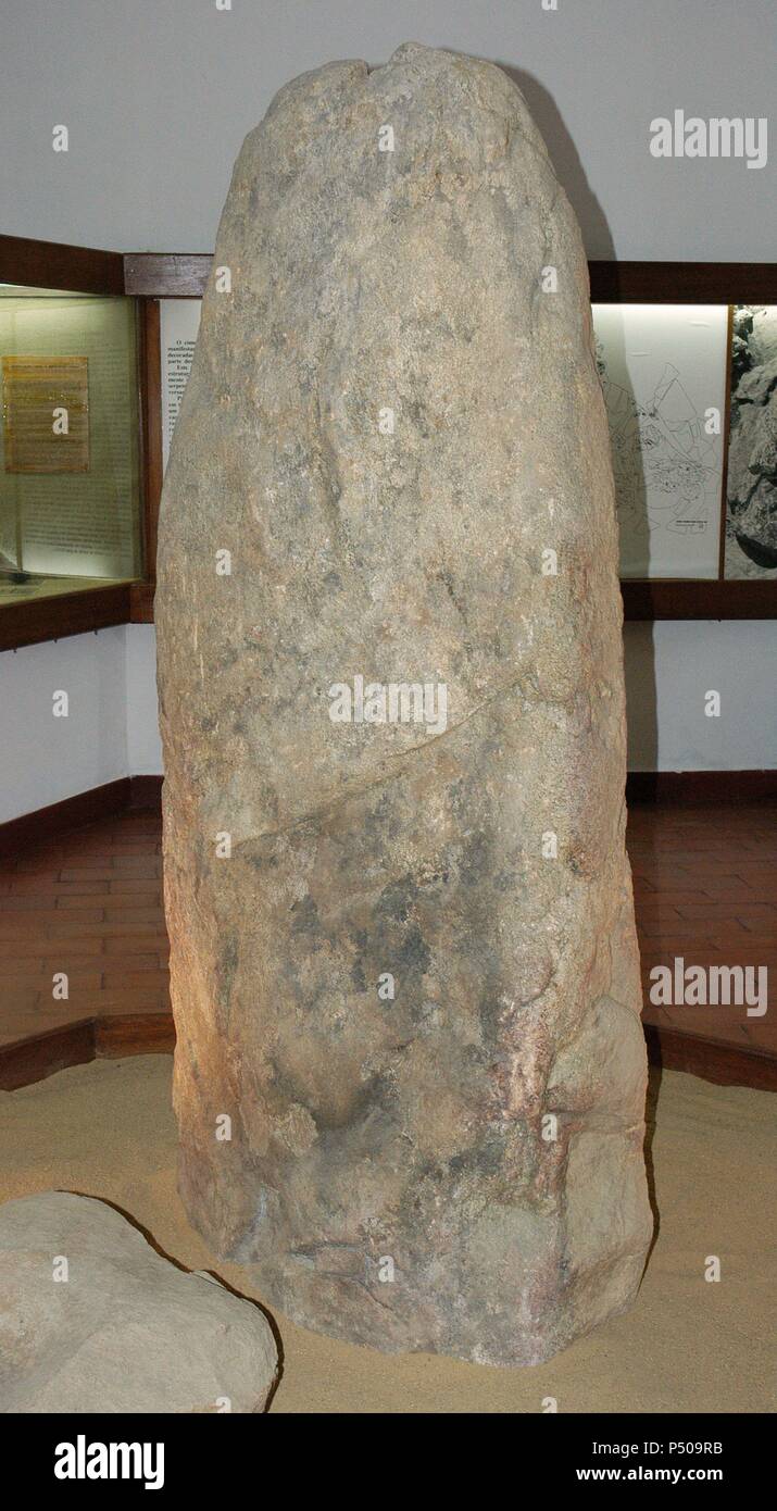 Portugal. Menhir of Piedra Longa.  Neolithic Era. Archaeology Museum. Montemor-o-Novo. Stock Photo