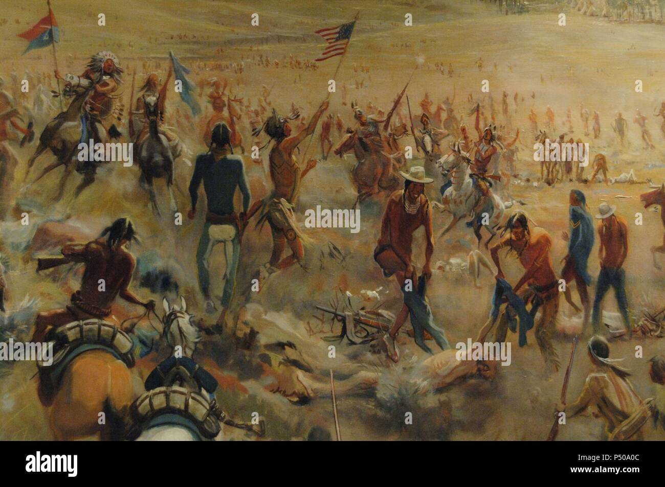 BATALLA DE LITTLE BIGHORN (1876). Escena de la batalla entre indios sioux y cheyennes y el Séptimo de Caballería del General Custer. MUSEO del MONUMENTO NACIONAL DEL CAMPO DE BATALLA DE LITTLE BIGHORN. Estado de Montaña. Estados Unidos. Stock Photo