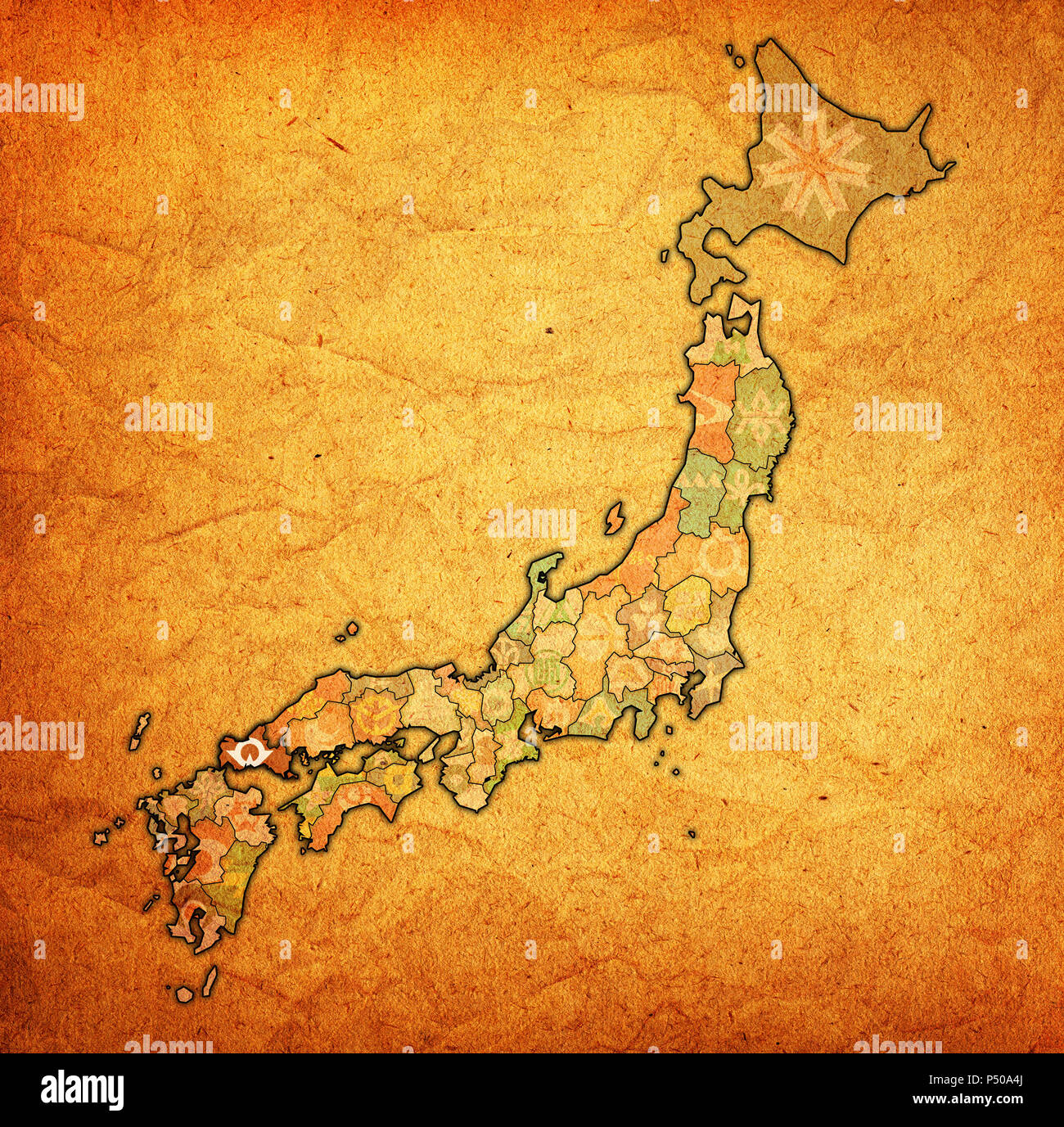 flag of yamaguchi prefecture on map with administrative divisions and