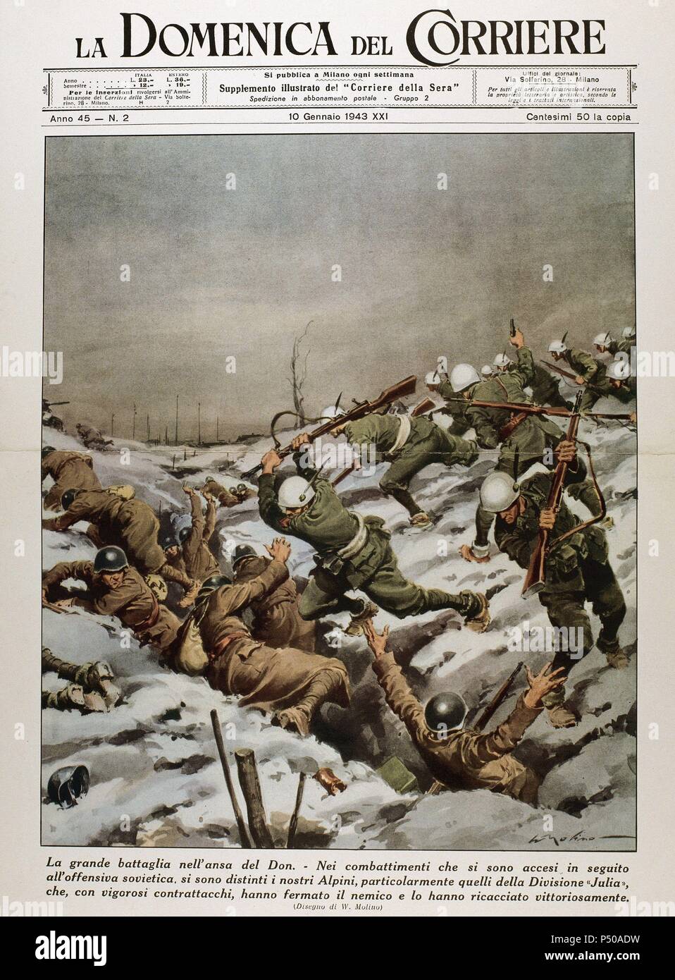 SECOND WORLD WAR. Battle of Stalingrad. River Don Front. Fighting between Russian and German troops.'La Domenica del Corriere'. Cover. 10 January 1943. Stock Photo