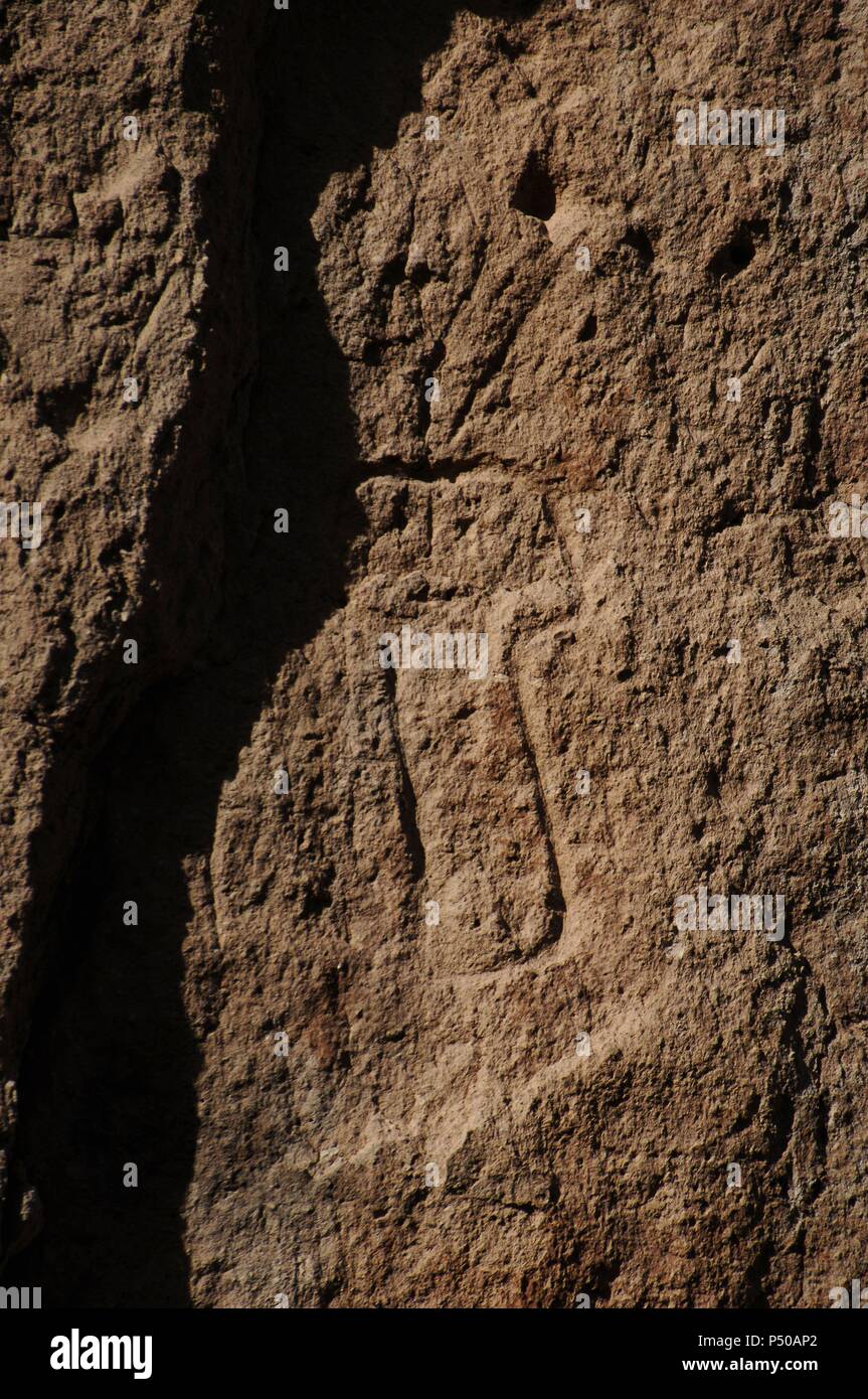 United States. Bandelier National Monument. Anasazi Culture, ancestrals Pueblo Indians. Detail of an petroglyph. State of New Mexico. Stock Photo