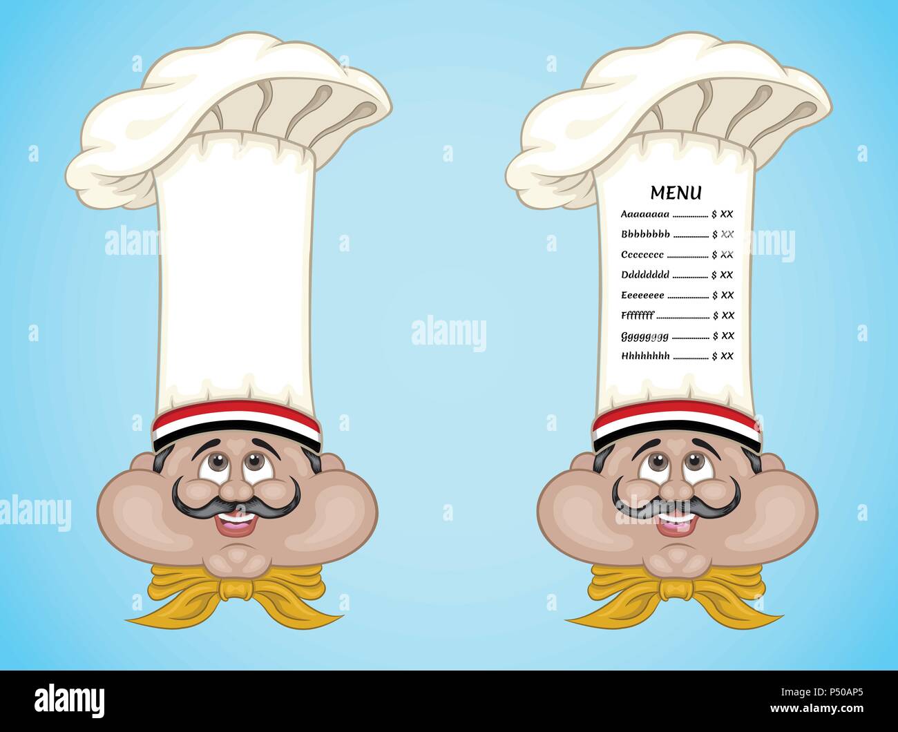 Egyptian chef and menu on hat with food of Egypt. All the objects are in different layers and the menu text types do not need any font. Stock Vector