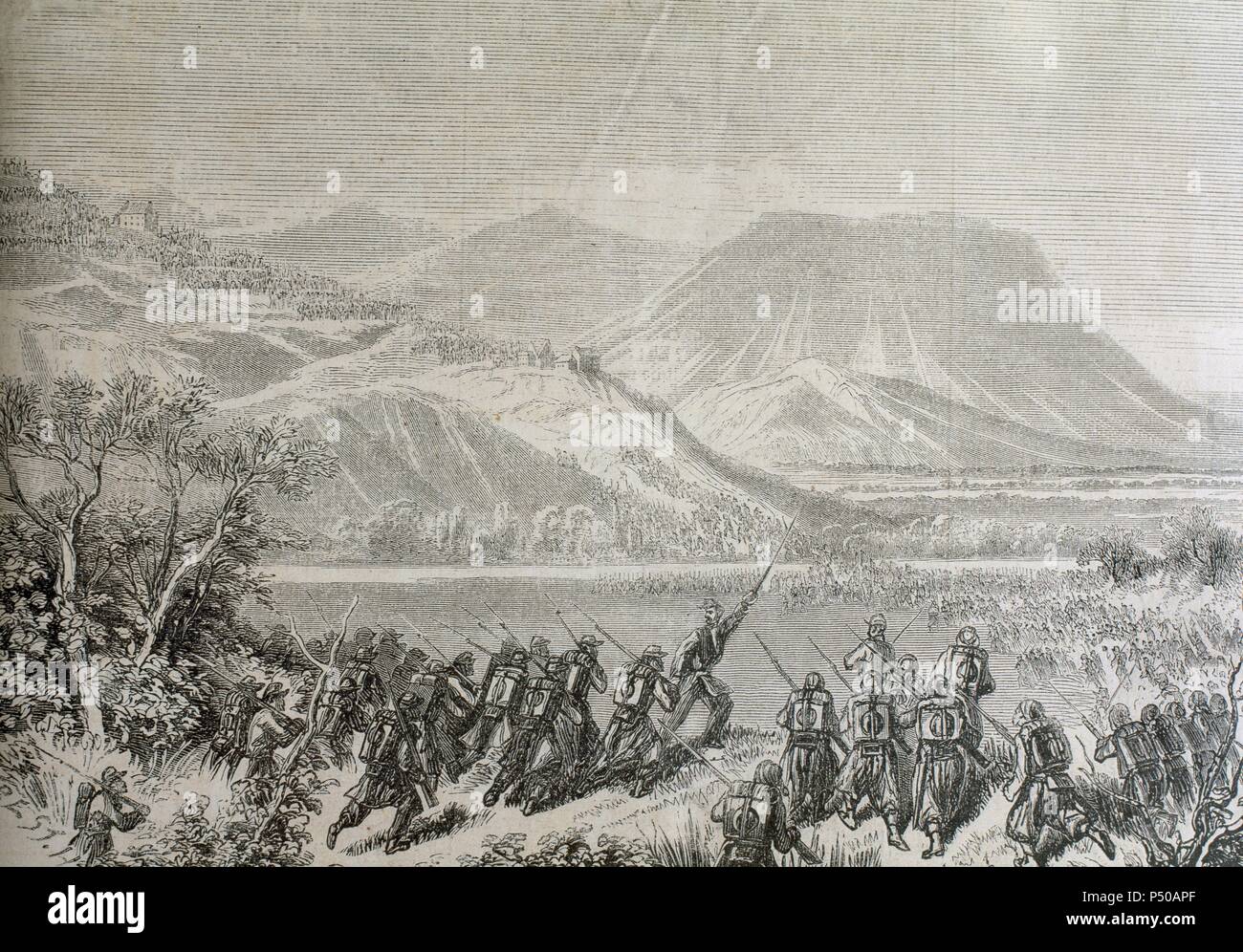 Italian unification (1859-1924). Castelfidardo battle. Papal troops were defeated. Engraving. 'L'Illustration' (1860). Stock Photo