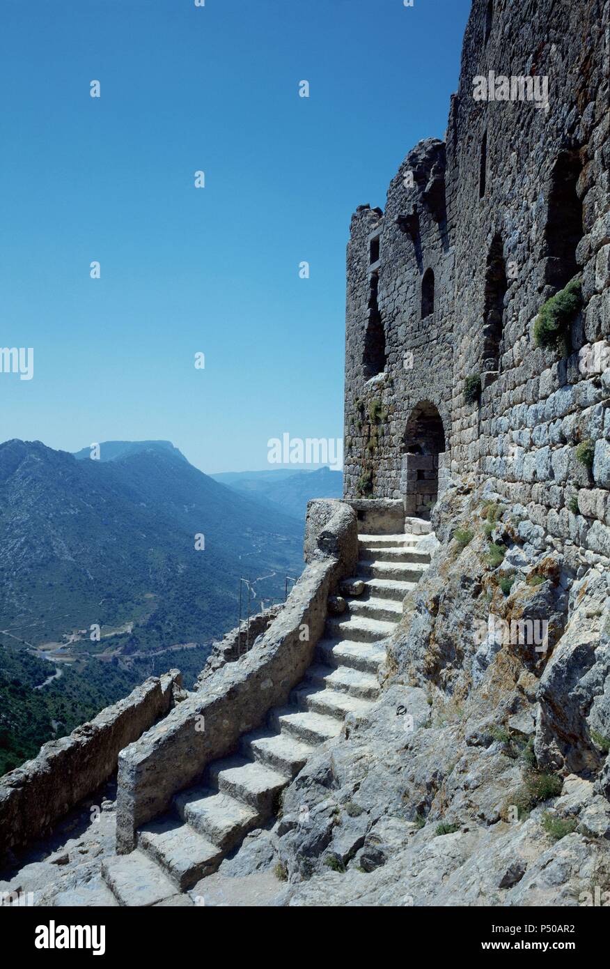 France. Aude. Peyrepertuse. Ruins of Cathar Castle. Built on a strategic location. French Pyrenees. Stock Photo