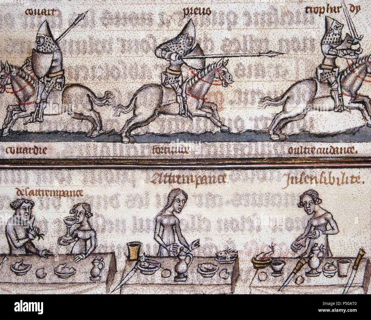 Virtues of knights and civility at the table. Miniature, 14th century