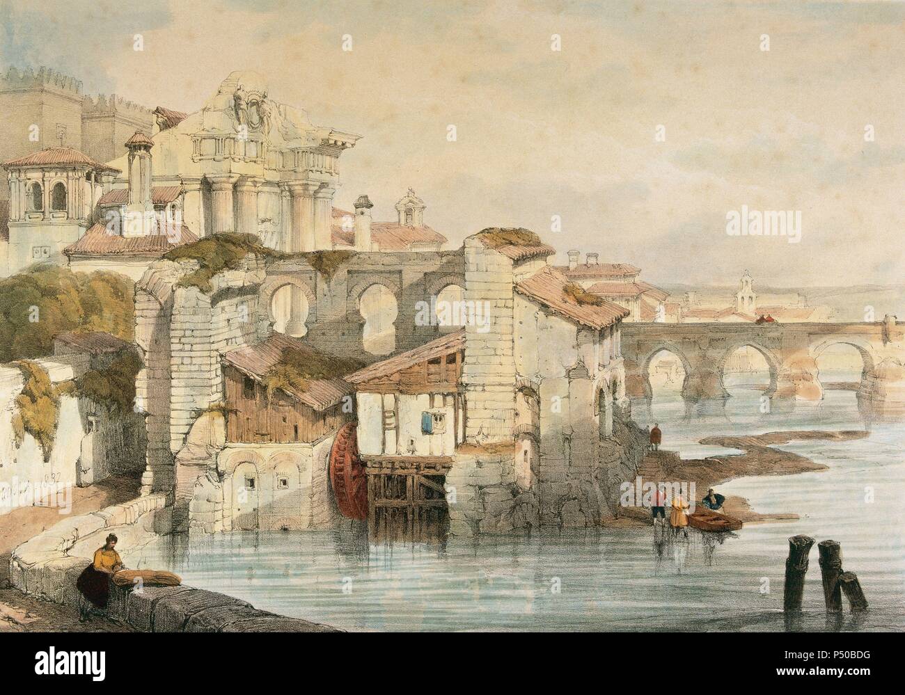 Spain. Cordoba. Mill. 1832. Drawing by David Roberts. Lithography by W. Gauci. London, 1837. Stock Photo