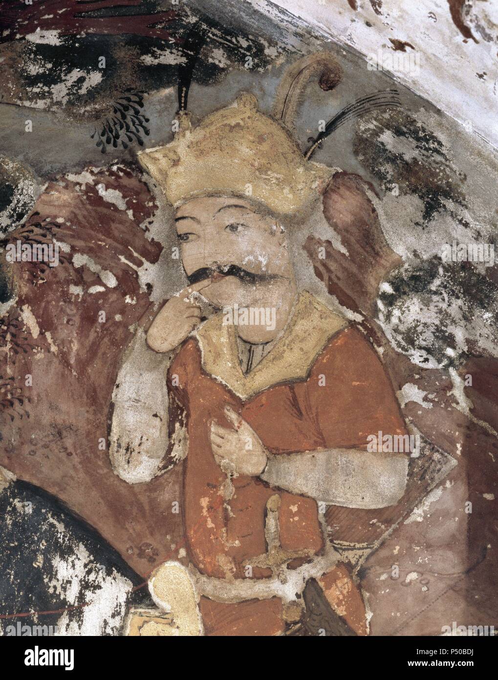 Khosrau II (579-590) 'The Victorious'. King of the Sasanian Empire. Chichil Sutun. Palace. Fresco inside the palace. Isfahan, Iran. Stock Photo