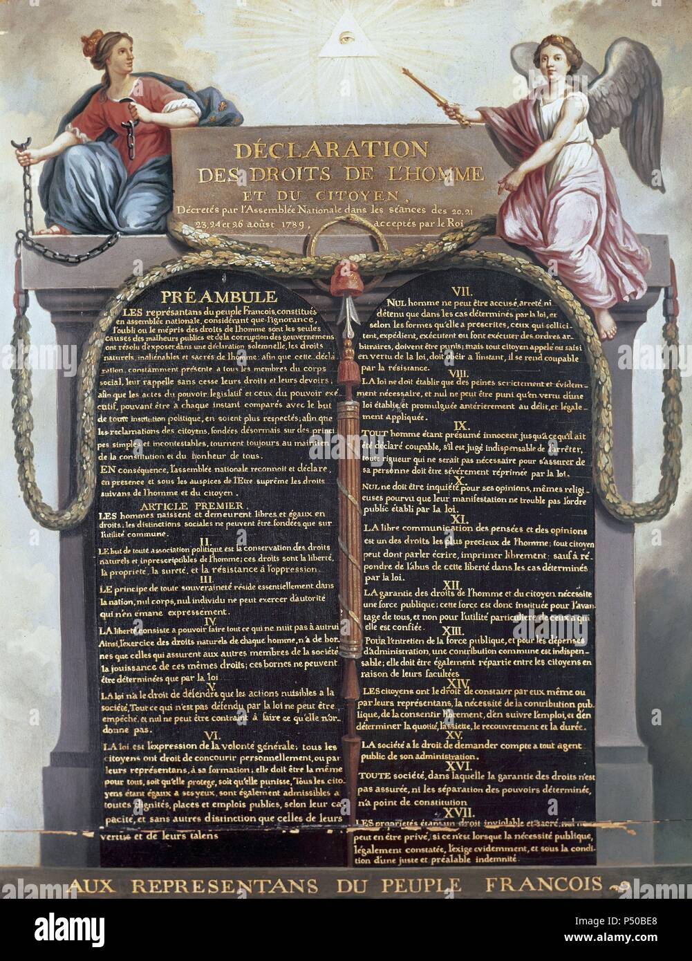 Declaration of the Rights of Man and of the Citizen. Act passed in France by the Constituent Assembly on August 26, 1789 with seventeen articles that define the rights of citizens and the nation. It is a fundamental document of French Revolution. Carnavalet Museum. Paris. France. Stock Photo