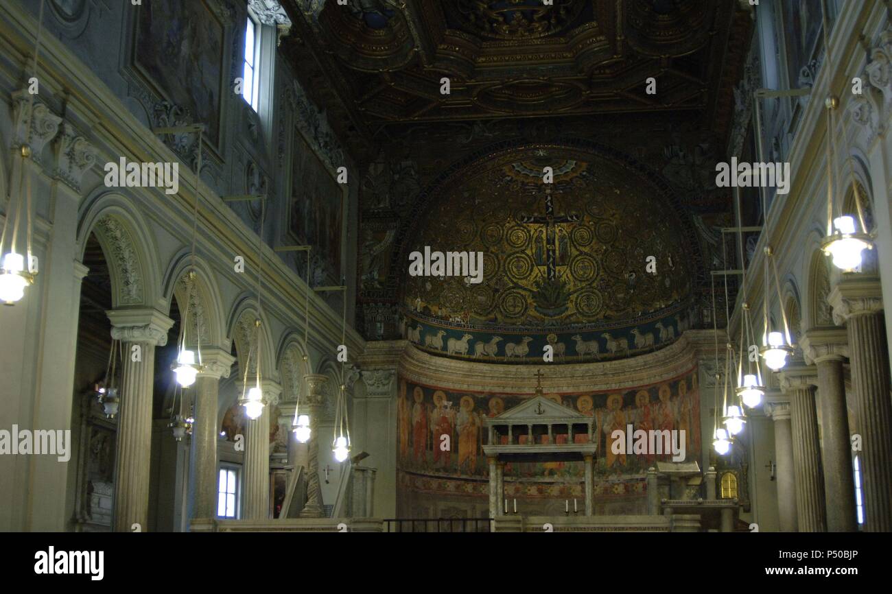 Italy. Rome. The Basilica of Saint Clement (Basilica di San Clemente al laterano). Church dedicated to Pope Clement I (1st cenutry A.C.). Founded in 4th century, rebuilt in 12th century and rebuilt in 18th century. Interior of the second basilica and the apse mosaic, c. 1200. Stock Photo