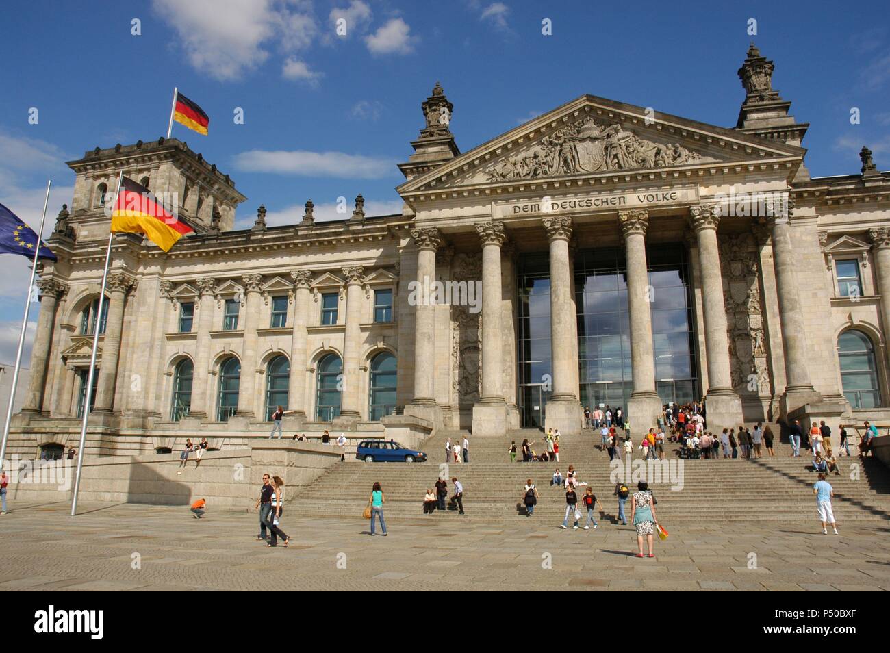 Germany. Berlin. German Parliament in the Reichstag building. 1884-1894. Built by Paul Wallot and rebuilt by Norman Foster between 1992-1999. Exterior. Stock Photo