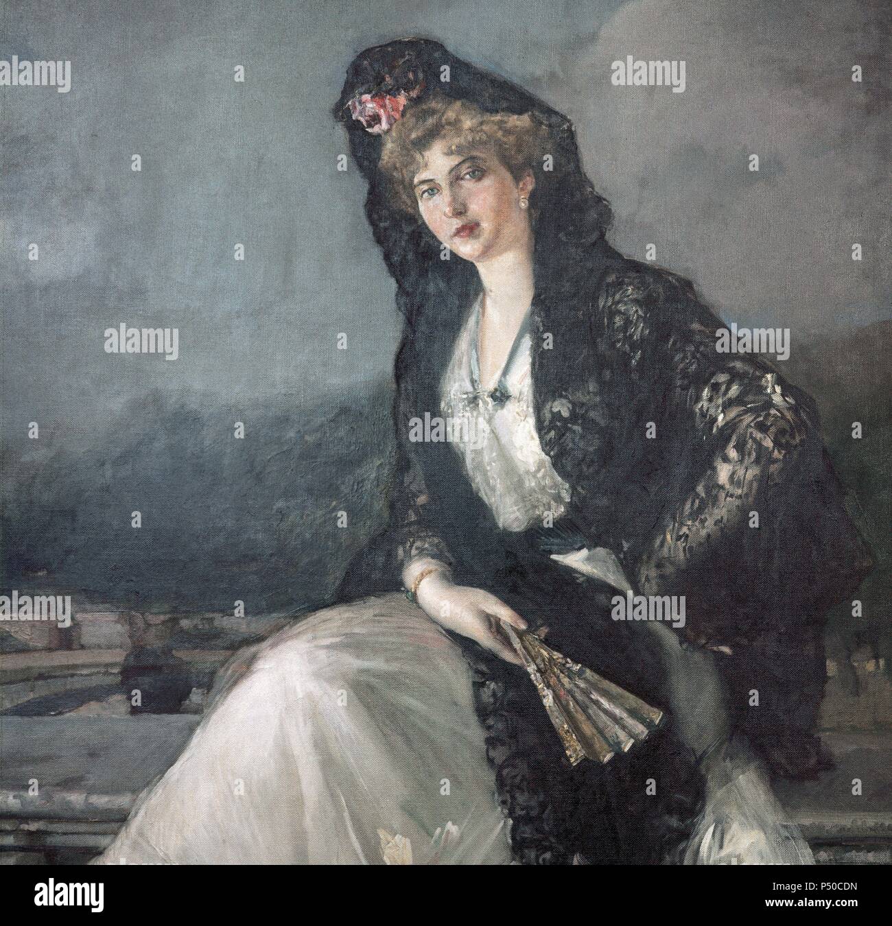 Victoria Eugenie of Battenberg (1887-1969). Queen consort of King Alfonso XIII of Spain. Victoria Eugenia dressed in Spanish fashion. Portrait by Joaquin Sorolla (1863-1923). Magdalena Palace. Santander. Cantabria. Spain. Stock Photo
