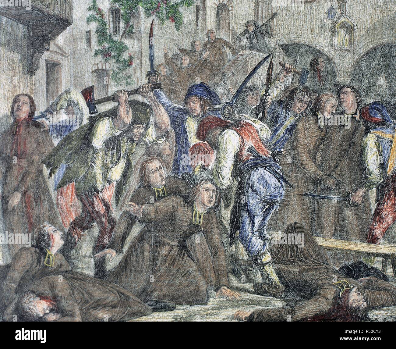 French Revolution (1789-1799). Clerics killing. Engraving (1900). Stock Photo