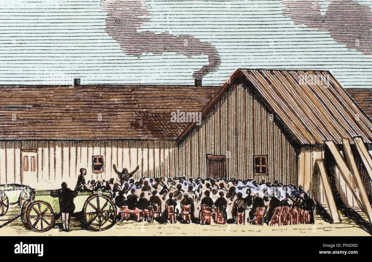 United States. Kansas. Mennonite religious service outside the hut. Colored engraving of the newspaper 'Frank Leslie's' '(1875). Stock Photo