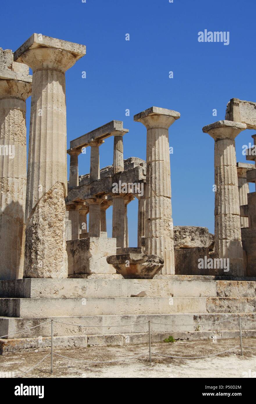 Greece. Aegina Island. Temple of Aphaia (5th-6th centuries B.C.). Doric colonnade. Stock Photo
