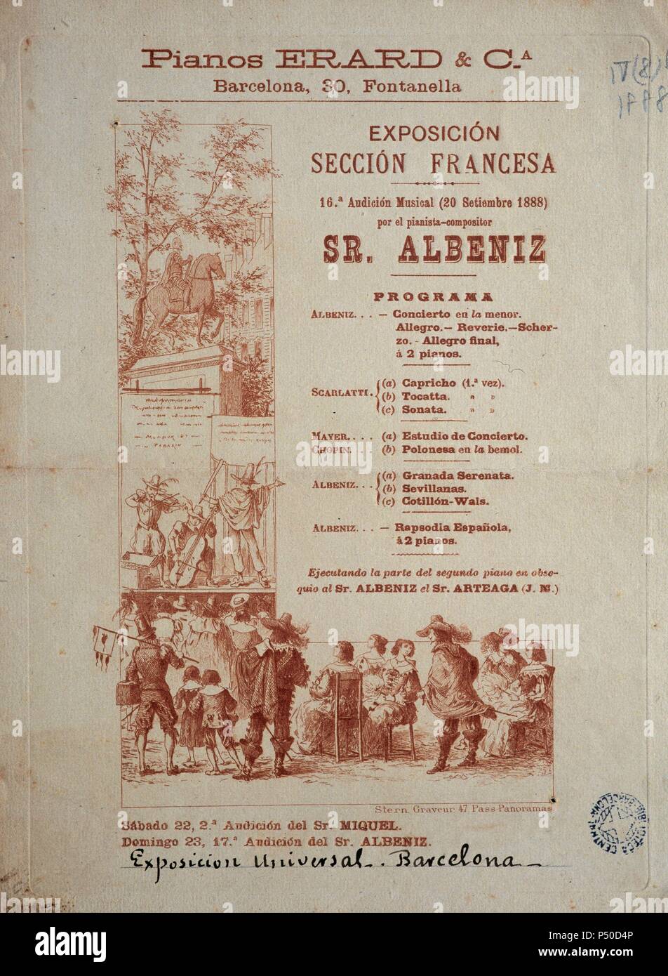 Isaac Albeniz (1860-1909). Composer and Spanish pianist. Concert programme for September 20, 1888 in Barcelona, during the Universal Exhibition (French Section). Catalonia, Spain. Stock Photo