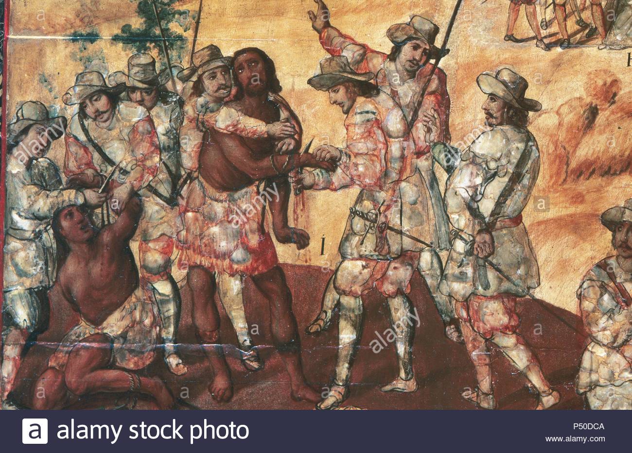 Conquest of Mexico (1519). Conquerors cutting the hands of two spies in Xicotencatl. Conching by Miguel Gonza´lez (1698). Detail. Museum of America. Madrid.