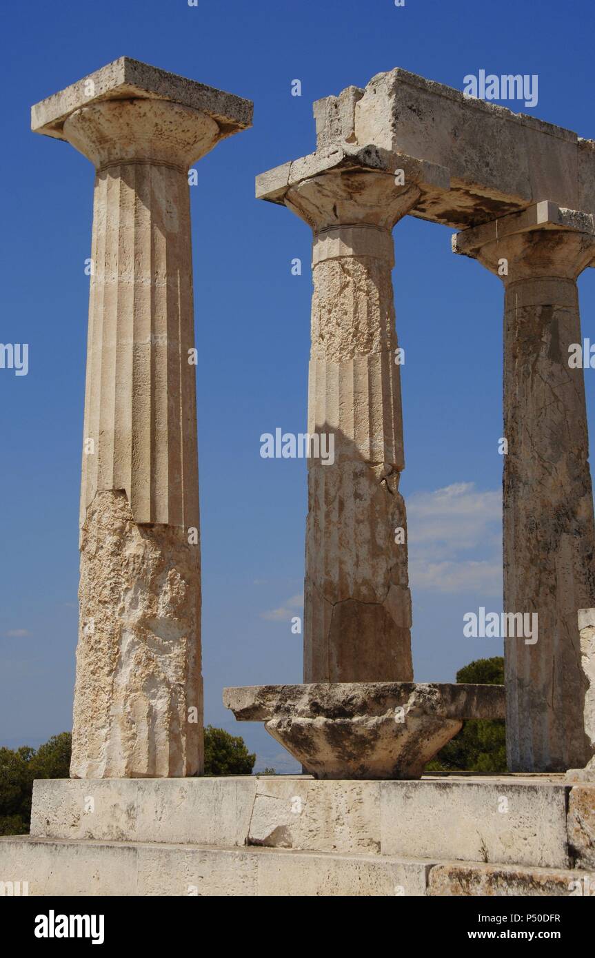 Greece. Aegina Island. Temple of Aphaia (5th-6th centuries B.C.). Doric columns. Stock Photo