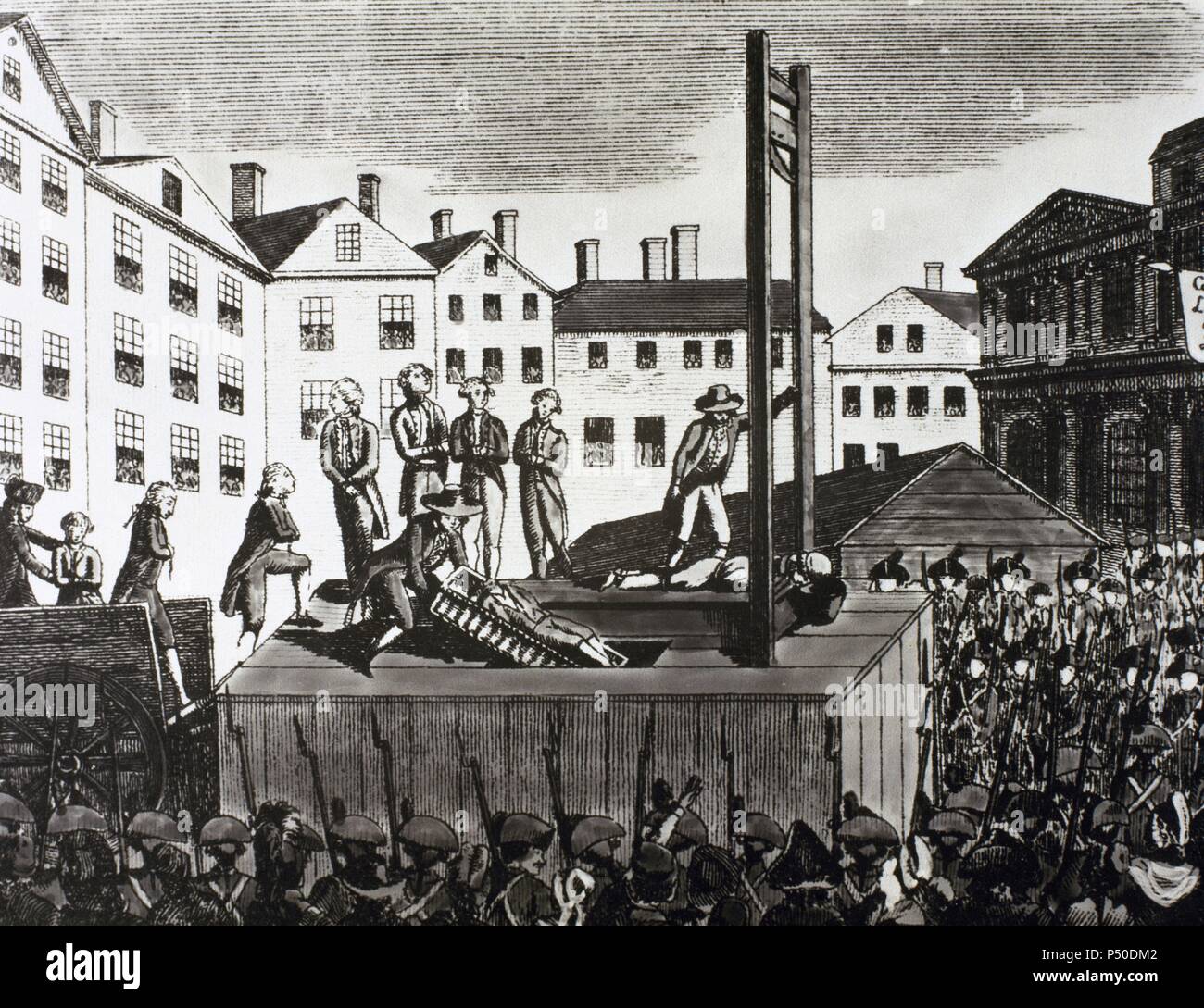 French Revolution (1789-1799). Execution of 9 young immigrants sentenced to death by a revolutionary court in 1792. Engraving of the time. Stock Photo