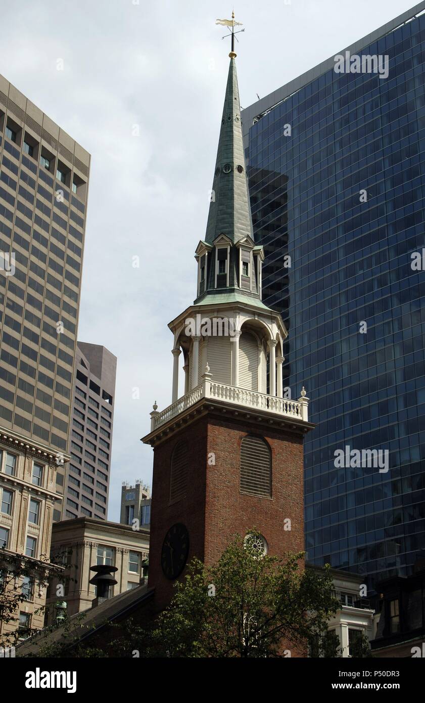 United States. Boston. Old South Meeting House. Bell tower. 18th century. Massachusetts. Stock Photo