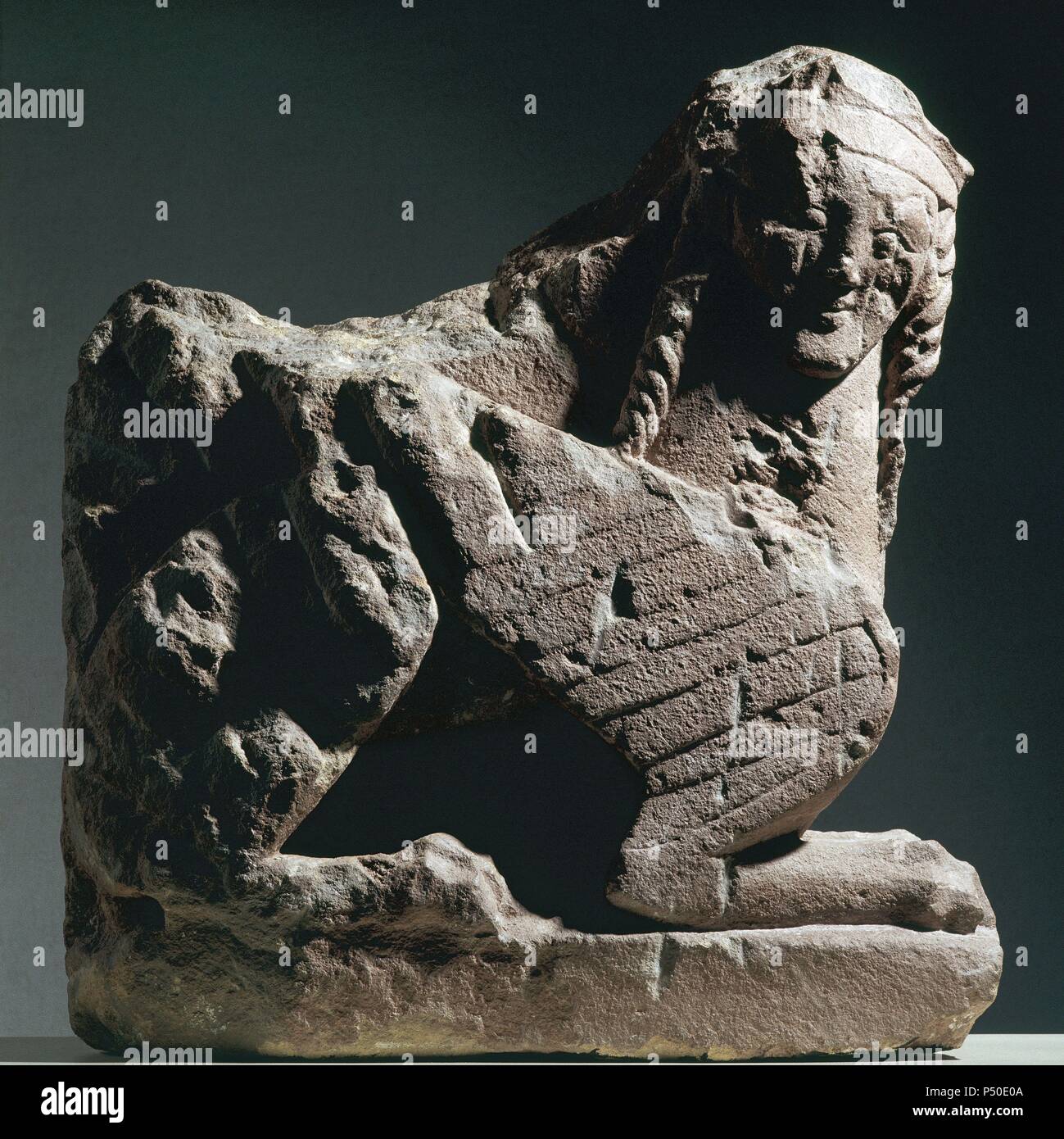 Iberian sphinx with lion body. It comes from Haches Bogarra (Albacete). Albacete Museum. Castile-La Mancha. Spain. Stock Photo