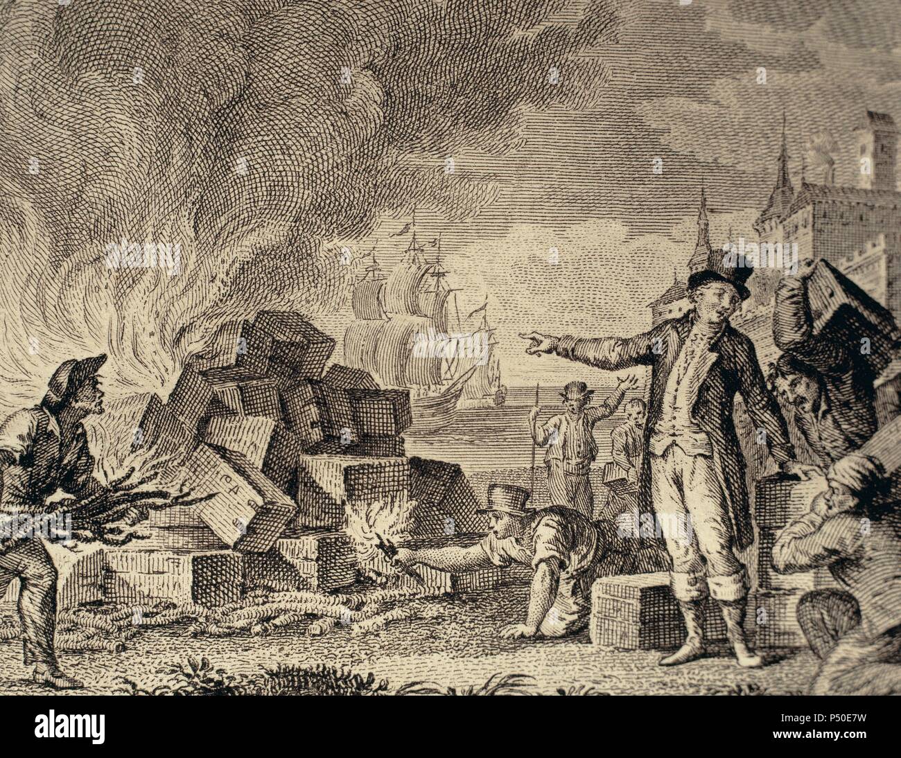 American War of Independence (1775-1783). Boston Tea Party. December 16, 1773. Revolution of the American colonists against taxes imposed by the British Parliament on tea. Disguised as Indians, boarded British merchant ships and dumped overboard crates of tea at the Boston Harbour. Engraving, 1807. Stock Photo