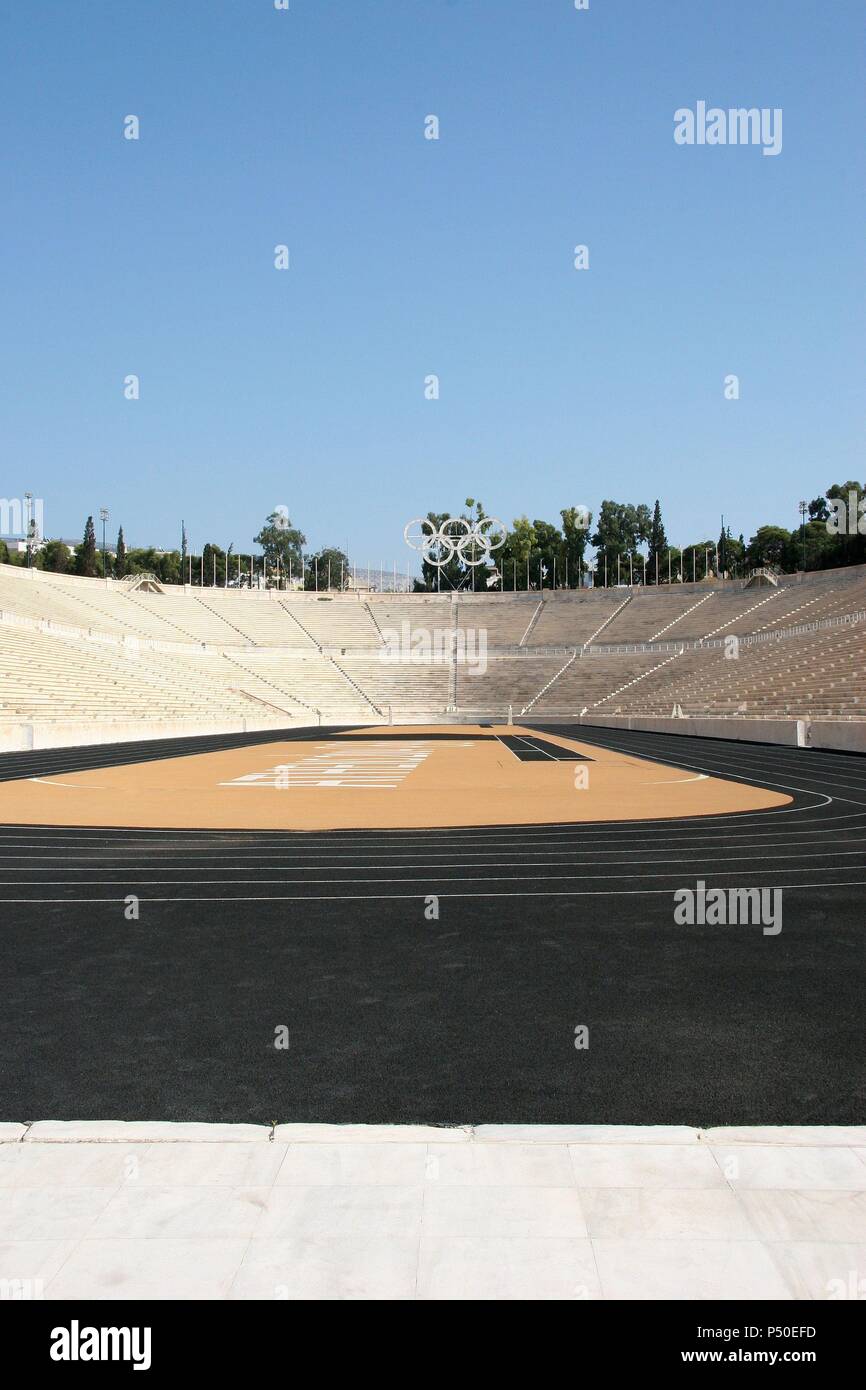 The Panathinaiko or Panathenaic Stadium (Kallimarmaron). During Classical times the stadium had wooden seating. I was uset to host the athletic portion of the Panathenaic Games. Was Built in 330 BC by Lykourgos, and it was restored in its present form betwenn 1896 and 1906. Athens. Central Greece. Attica. Eruope. Stock Photo