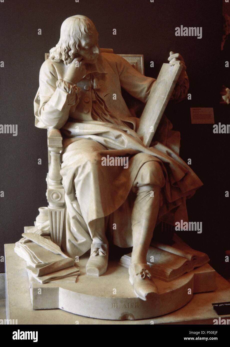 Blaise Pascal (1623-1662). French mathematician, physicist and philosopher. Pascal studying  the cycloid (1785). Sculpture by Augustin Pajou. Louvre Museum. Paris. France. Stock Photo