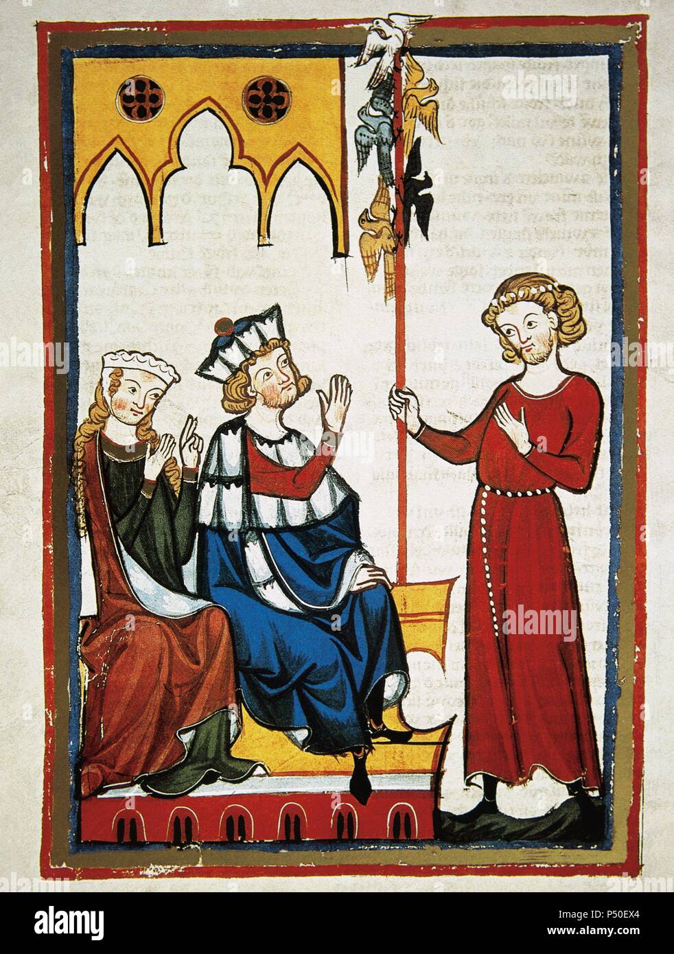 Spervogel, poet of the 12th century, offers his lyrics to the Court. Codex Manesse (ca.1300) by Rudiger Manesse and his son Johannes. University of  Heidelberg. Library. Germany. Stock Photo
