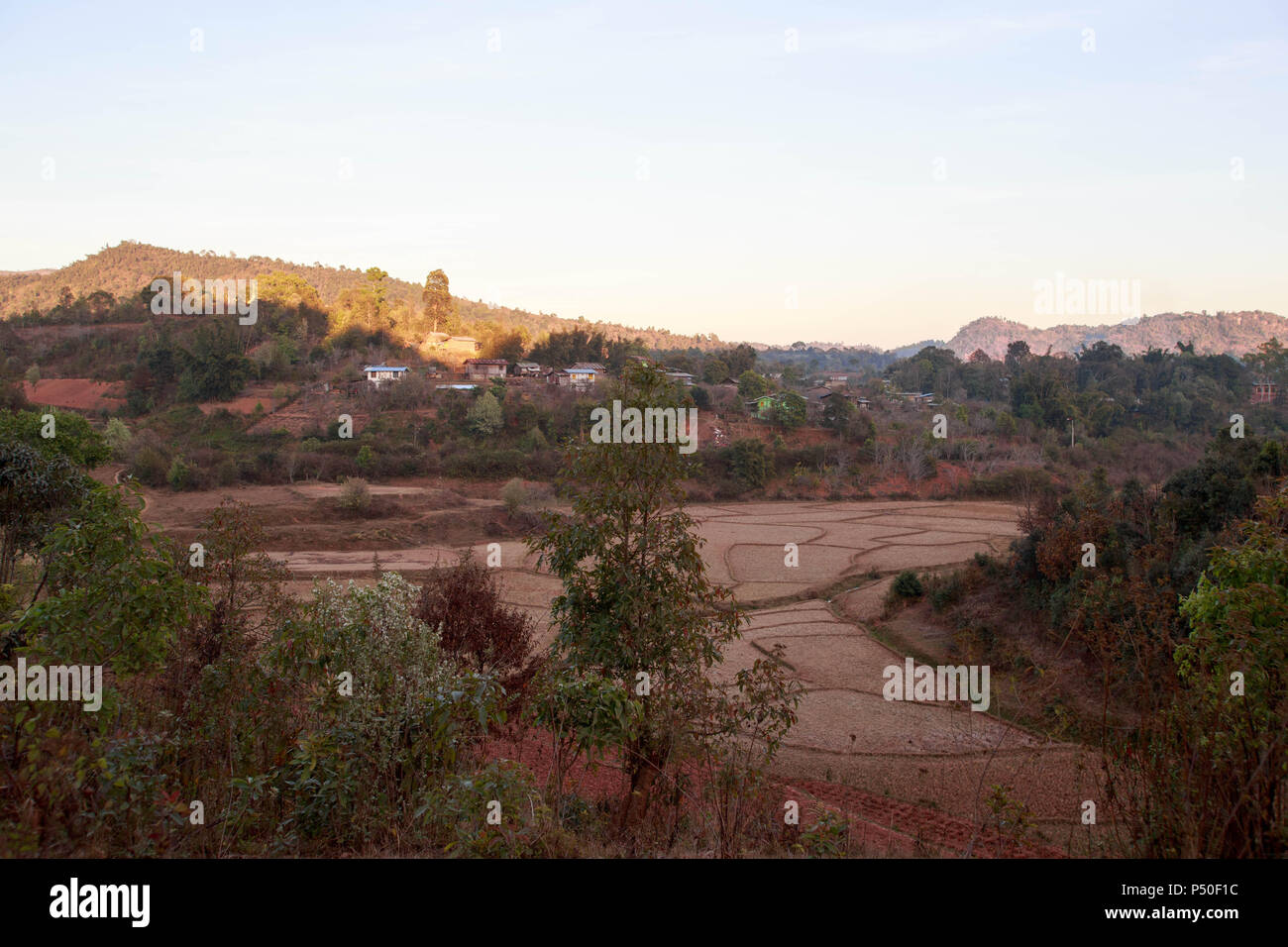 Rice paddies in dry season next to small village in rural Myanmar Stock Photo